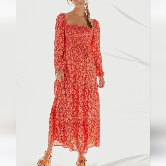 Anthropologie Dolan Smocked Red Motif Maxi Dress XS Pink Floral Long Sleeves - Picture 1 of 9